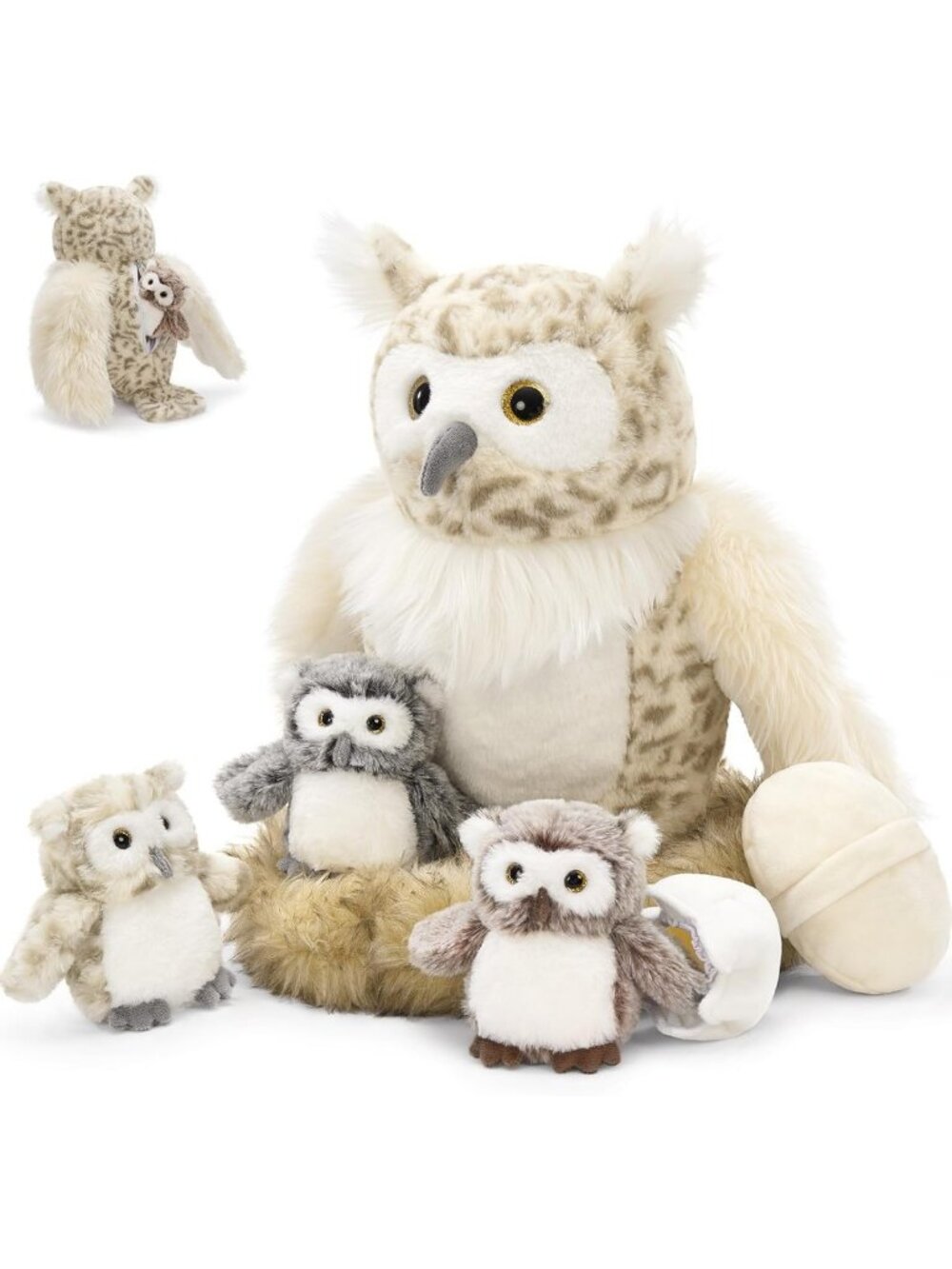 Adorable 7-Piece Owl Plush Set - 15" Mommy Owl, Baby Owls, Eggs & Nest Toys